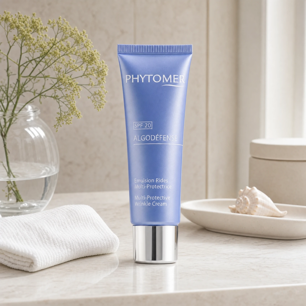 Phytomer Algodefense SPF20 Multi-Protective Wrinkle Cream 50ml on a marble bathroom vanity with glass vessel, botanical, white towel and ceramic dish, premium at-home skincare setting