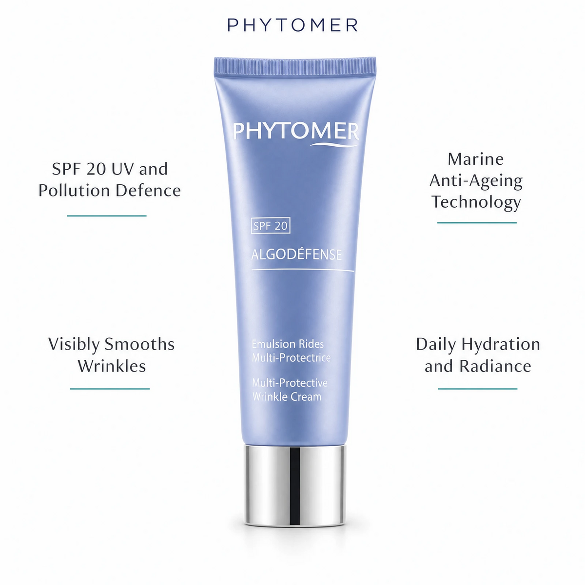 Phytomer Algodefense SPF20 Multi-Protective Wrinkle Cream 50ml with four benefit callouts: SPF 20 UV and Pollution Defence, Visibly Smooths Wrinkles, Marine Anti-Ageing Technology, Daily Hydration and Radiance