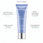 Phytomer Algodefense SPF20 Multi-Protective Wrinkle Cream 50ml with four benefit callouts: SPF 20 UV and Pollution Defence, Visibly Smooths Wrinkles, Marine Anti-Ageing Technology, Daily Hydration and Radiance
