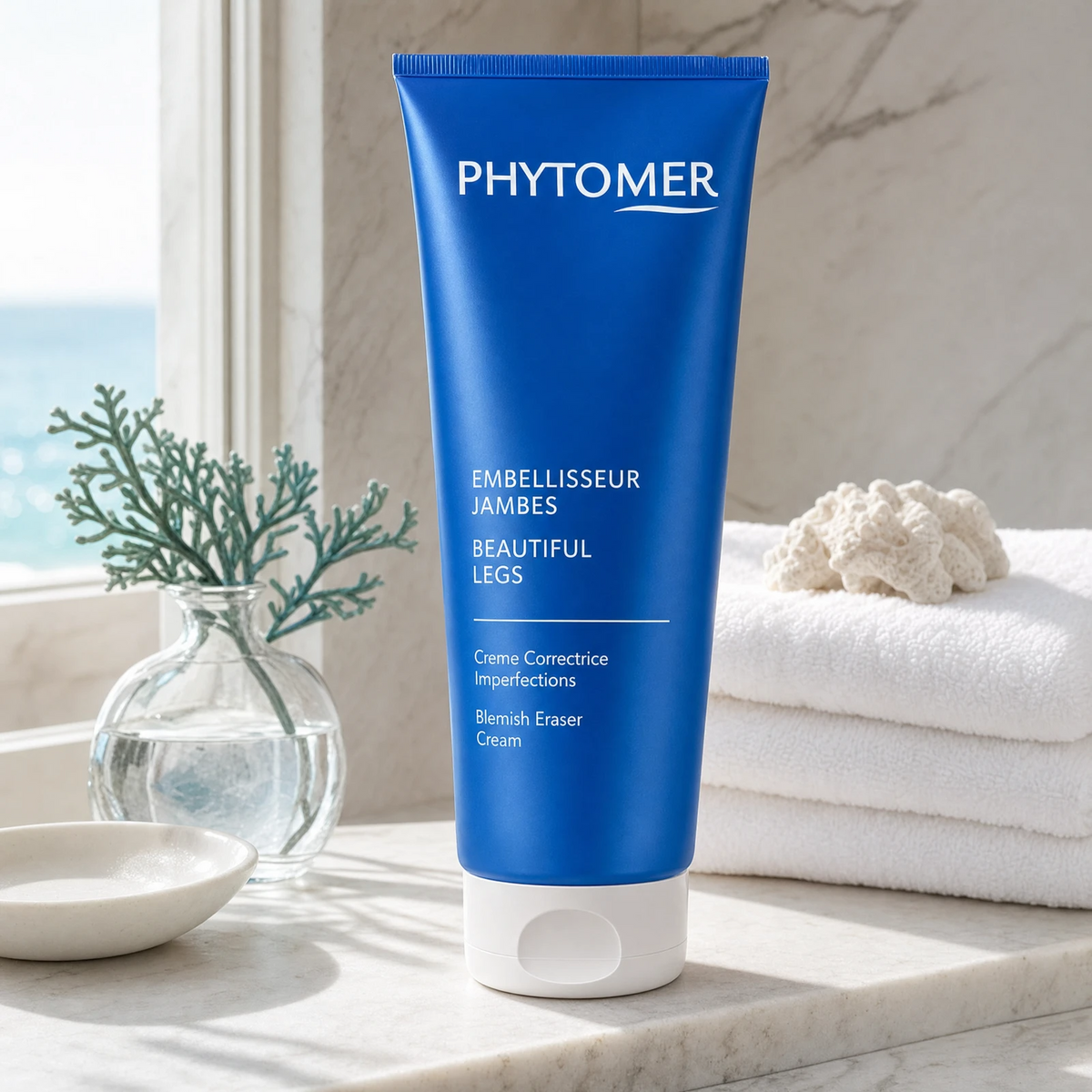 Phytomer Beautiful Legs Blemish Eraser Cream 150ml on a marble bathroom ledge with teal coral branch in glass vessel, white ceramic dish and white towels, premium at-home body care setting