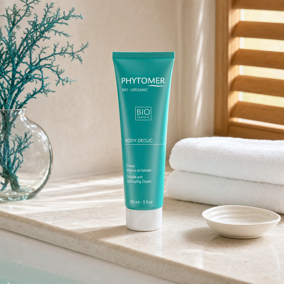 Phytomer Body Declic Cellulite and Contouring Cream 150ml on a marble bath ledge with teal seaweed in glass vessel, white ceramic dish and white towels, premium at-home body care setting
