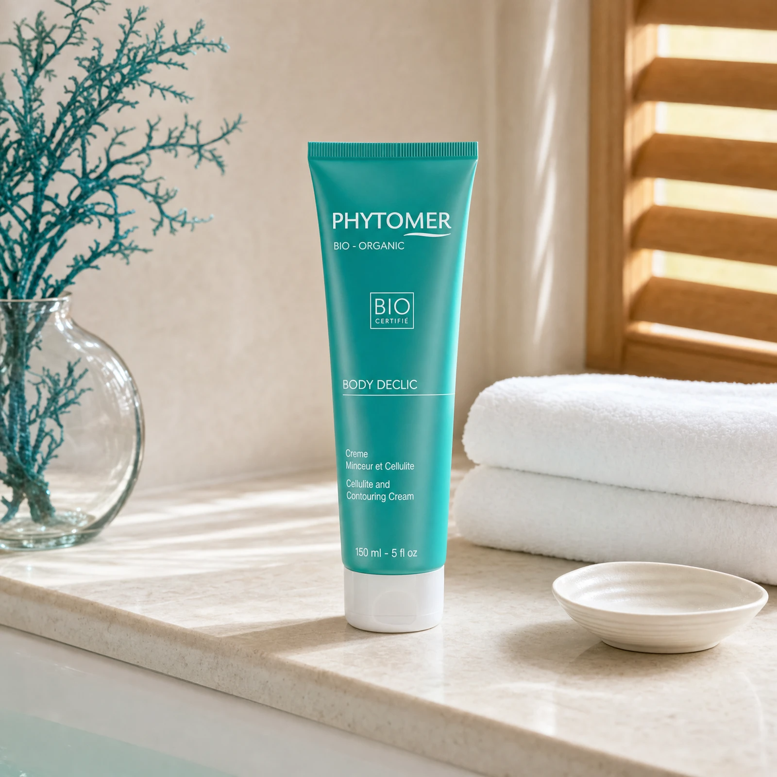 Phytomer Body Declic Cellulite and Contouring Cream 150ml on a marble bath ledge with teal seaweed in glass vessel, white ceramic dish and white towels, premium at-home body care setting