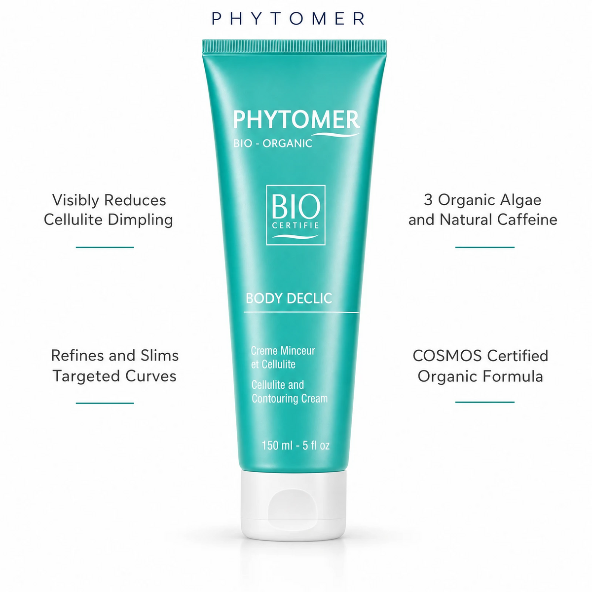 Phytomer Body Declic Cellulite and Contouring Cream 150ml with four benefit callouts: Visibly Reduces Cellulite Dimpling, Refines and Slims Targeted Curves, 3 Organic Algae and Natural Caffeine, COSMOS Certified Organic Formula