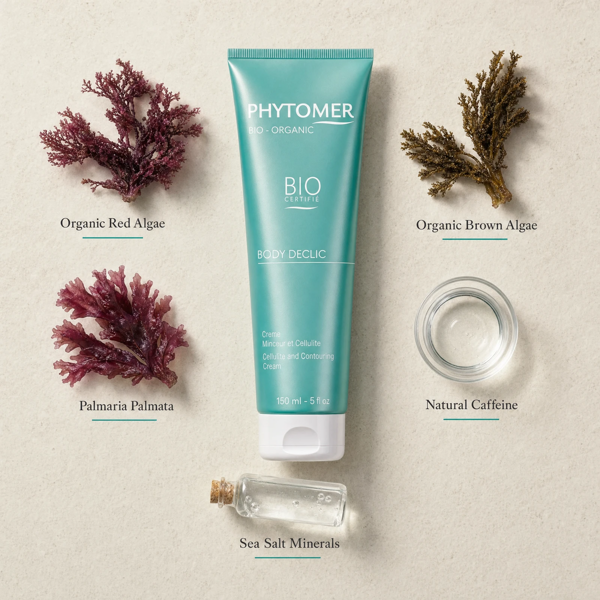 Phytomer Body Declic Cellulite and Contouring Cream 150ml flatlay on limestone surface with Organic Red Algae, Organic Brown Algae, Palmaria Palmata, Natural Caffeine, and Sea Salt Minerals