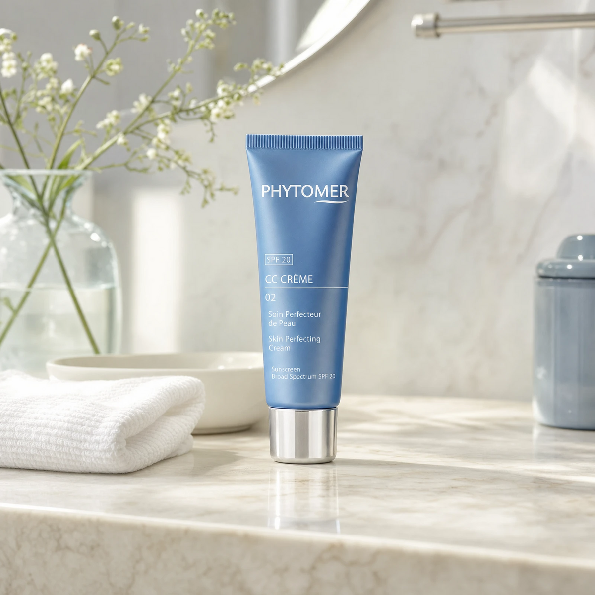 Phytomer CC Crème 02 Skin Perfecting Cream SPF 20 Medium-Dark 50ml on a marble bathroom vanity with ceramic tray, white face cloth, glass vessel and botanical, premium at-home skincare setting