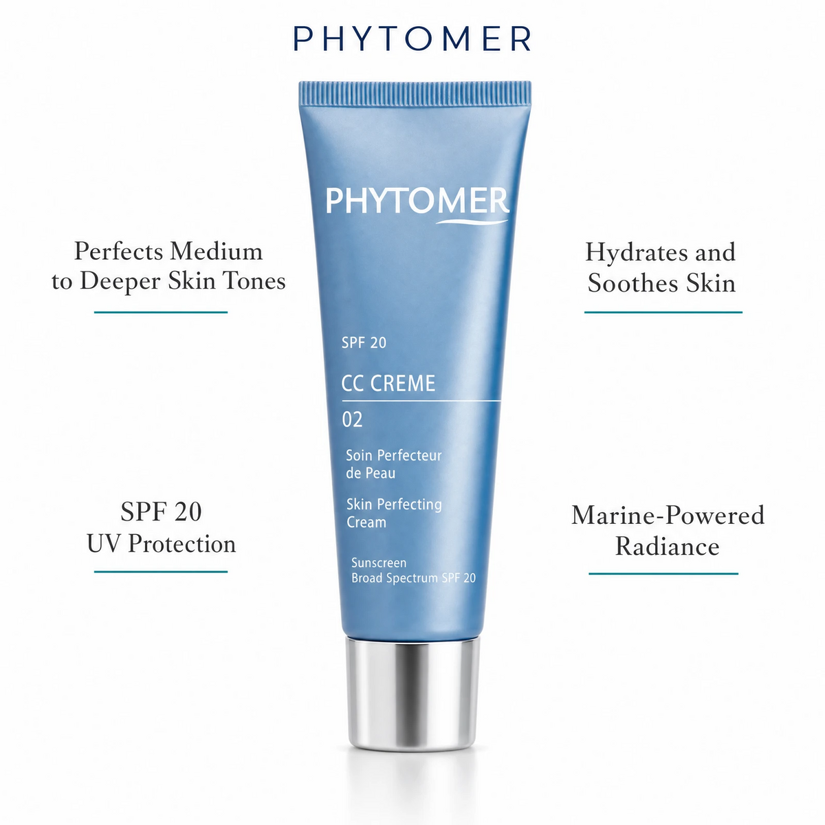 Phytomer CC Crème 02 Skin Perfecting Cream SPF 20 Medium-Dark 50ml with four benefit callouts: Perfects Medium to Deeper Skin Tones, SPF 20 UV Protection, Hydrates and Soothes Skin, Marine-Powered Radiance