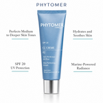 Phytomer CC Crème 02 Skin Perfecting Cream SPF 20 Medium-Dark 50ml with four benefit callouts: Perfects Medium to Deeper Skin Tones, SPF 20 UV Protection, Hydrates and Soothes Skin, Marine-Powered Radiance