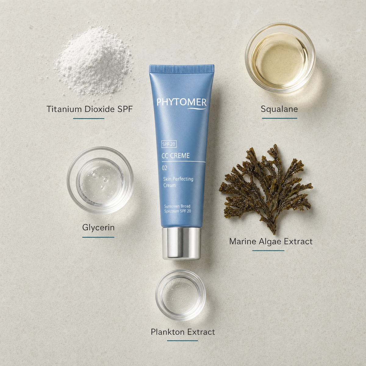 Phytomer CC Crème 02 Skin Perfecting Cream SPF 20 Medium-Dark 50ml flatlay on limestone surface with Titanium Dioxide SPF, Squalane, Glycerin, Marine Algae Extract, and Plankton Extract