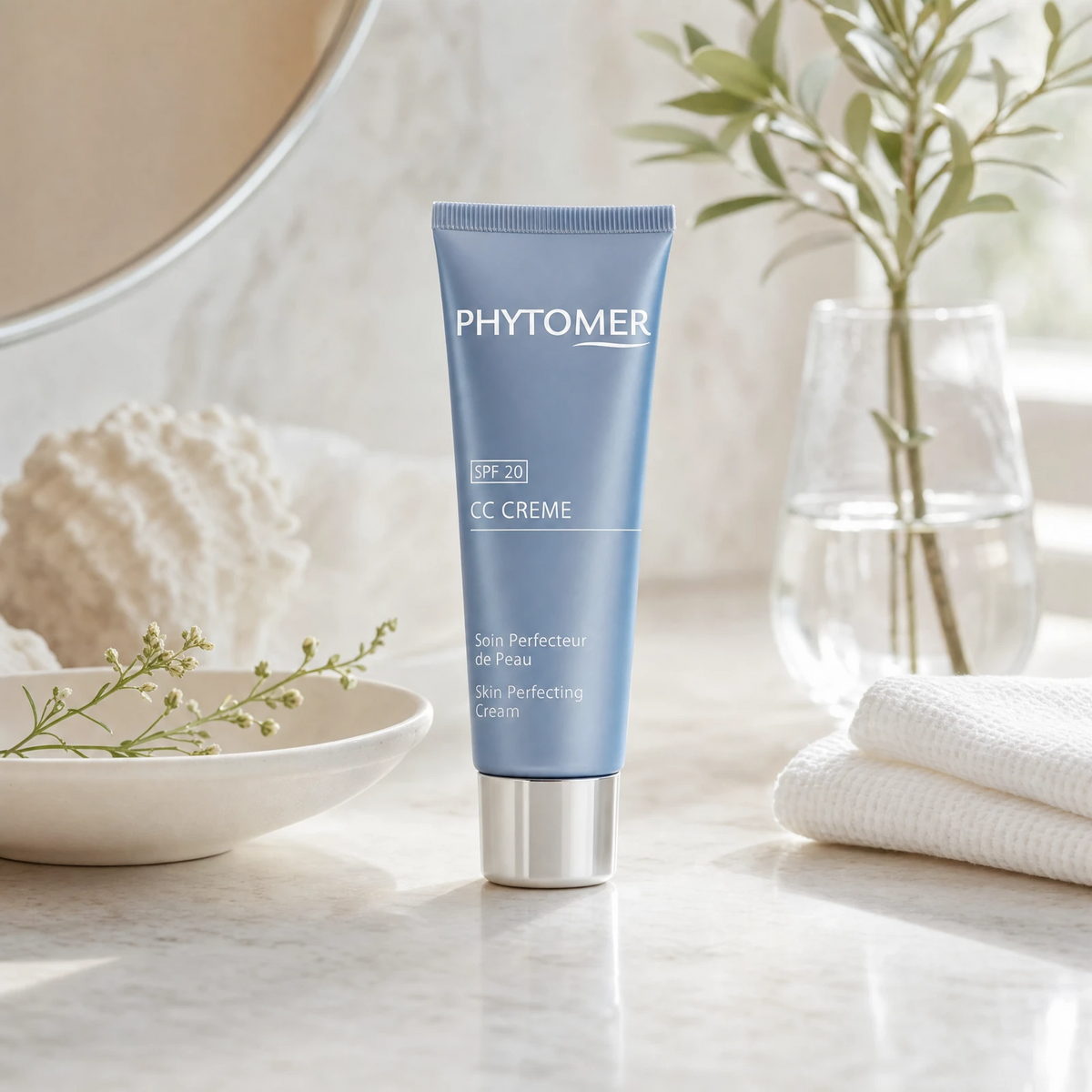 Phytomer CC Cream Skin Perfecting Cream SPF 20 Light 50ml on a marble bathroom vanity with ceramic tray, white face cloth and glass vessel, premium at-home skincare setting