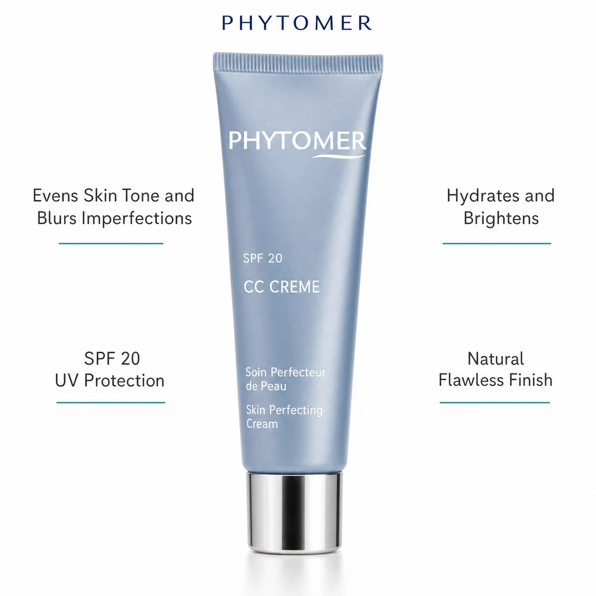 Phytomer CC Cream Skin Perfecting Cream SPF 20 Light 50ml with four benefit callouts: Evens Skin Tone and Blurs Imperfections, SPF 20 UV Protection, Hydrates and Brightens, Natural Flawless Finish