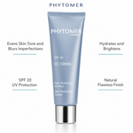 Phytomer CC Cream Skin Perfecting Cream SPF 20 Light 50ml with four benefit callouts: Evens Skin Tone and Blurs Imperfections, SPF 20 UV Protection, Hydrates and Brightens, Natural Flawless Finish