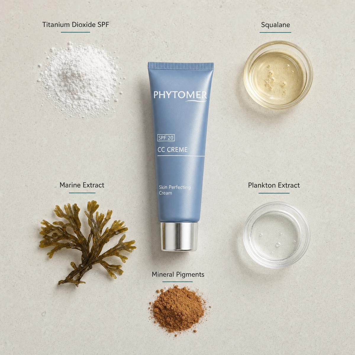 Phytomer CC Cream Skin Perfecting Cream SPF 20 Light 50ml flatlay on limestone surface with Titanium Dioxide SPF, Squalane, Marine Extract, Plankton Extract, and Mineral Pigments