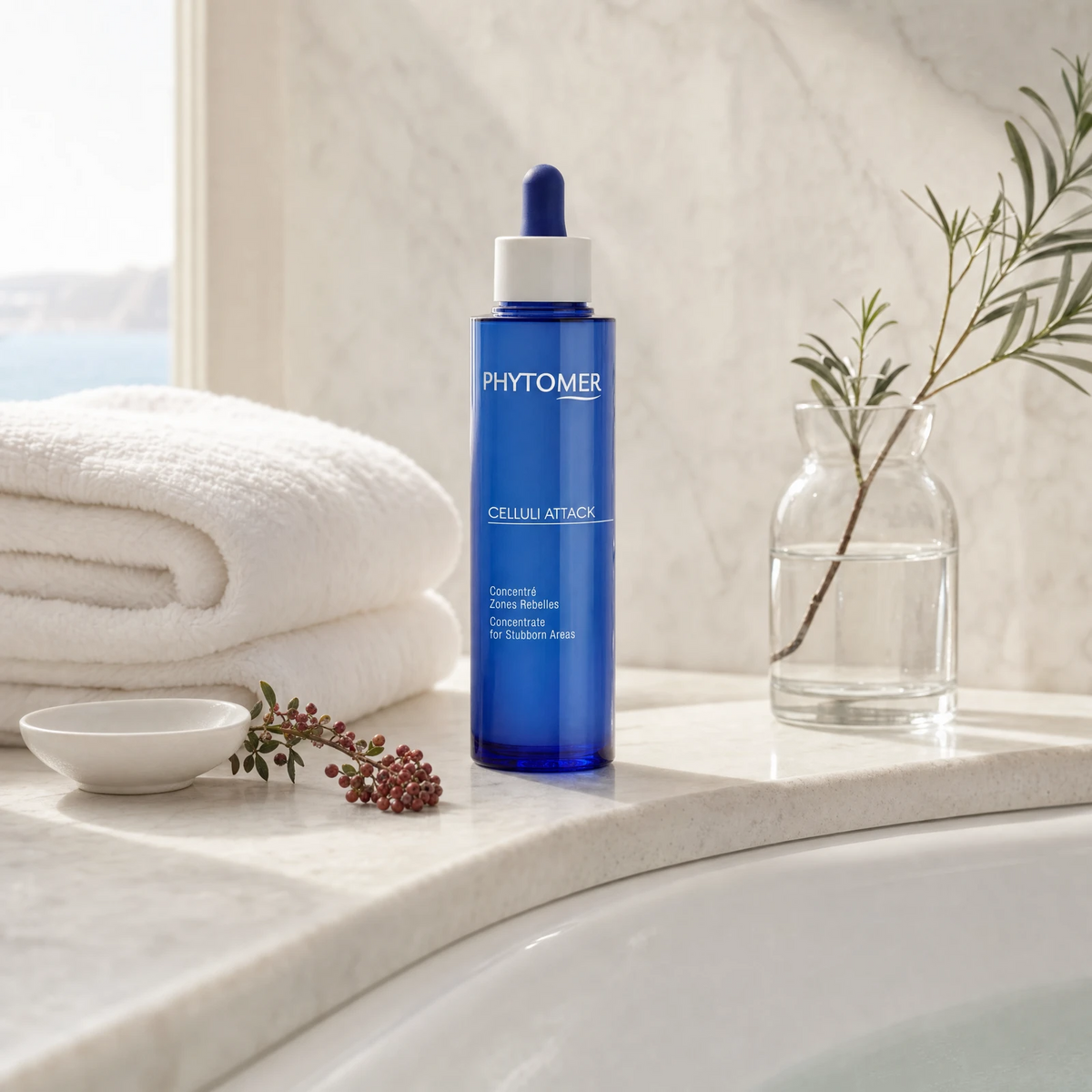 Phytomer Celluli Attack Concentrate for Stubborn Areas 100ml on a marble bath surround with pink pepper berries, botanical in glass vessel, white ceramic dish and white towels, premium at-home body care setting