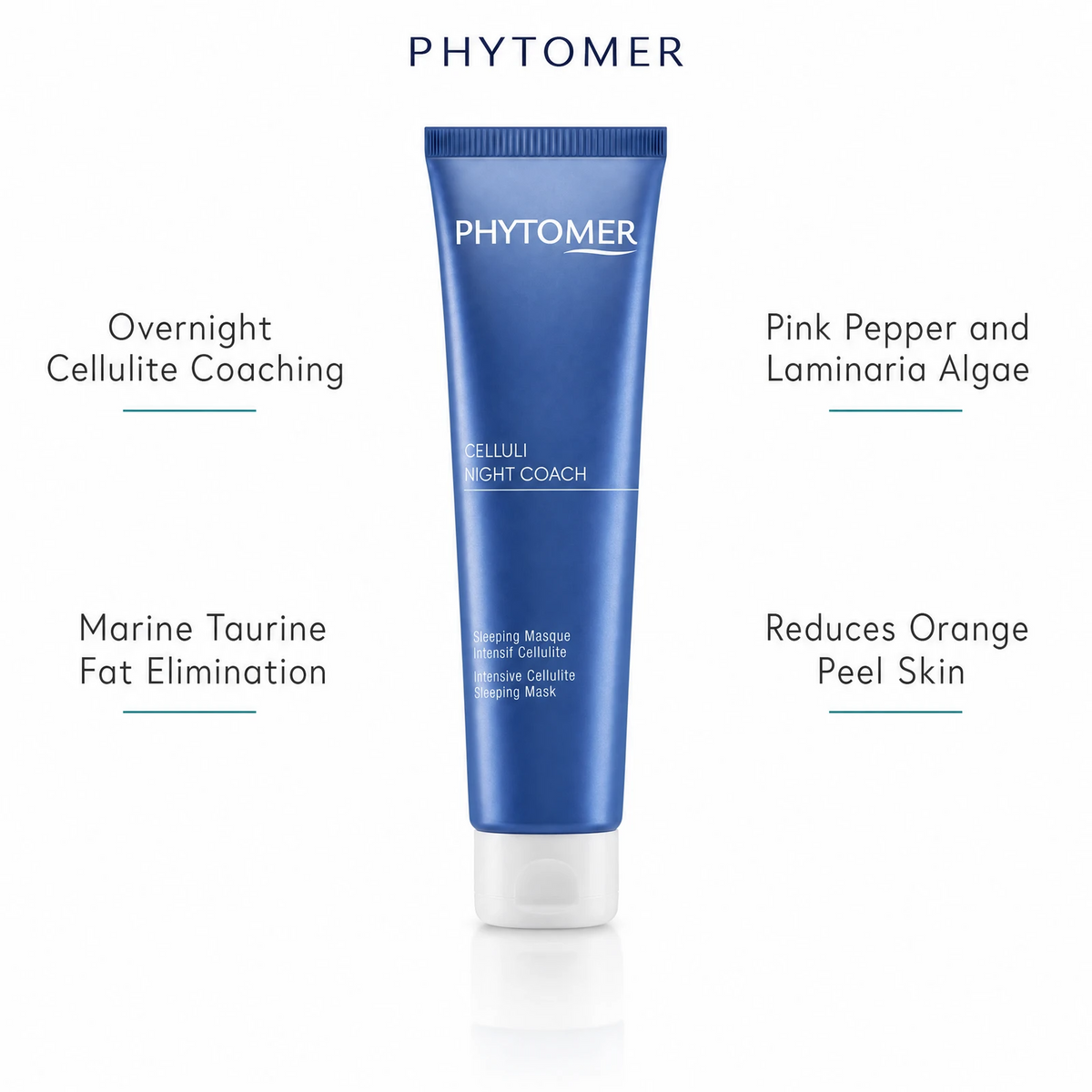 Phytomer Celluli Night Coach Intensive Cellulite Sleeping Mask 150ml with four benefit callouts: Overnight Cellulite Coaching, Marine Taurine Fat Elimination, Pink Pepper and Laminaria Algae, Reduces Orange Peel Skin