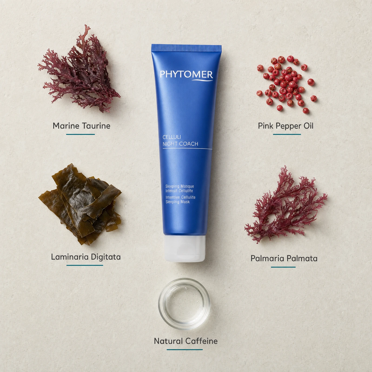 Phytomer Celluli Night Coach Intensive Cellulite Sleeping Mask 150ml flatlay on limestone surface with Marine Taurine, Pink Pepper Oil, Laminaria Digitata, Palmaria Palmata, and Natural Caffeine