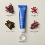 Phytomer Celluli Night Coach Intensive Cellulite Sleeping Mask 150ml flatlay on limestone surface with Marine Taurine, Pink Pepper Oil, Laminaria Digitata, Palmaria Palmata, and Natural Caffeine