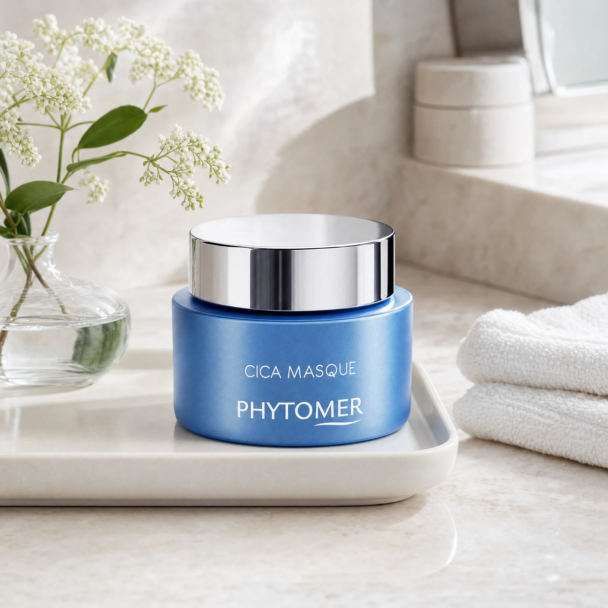 Phytomer Cica Masque Soothing Ultra-Nourishing Mask 50ml on a marble bathroom tray with white botanicals in glass vessel, white towels and ceramic dish, premium at-home skincare setting