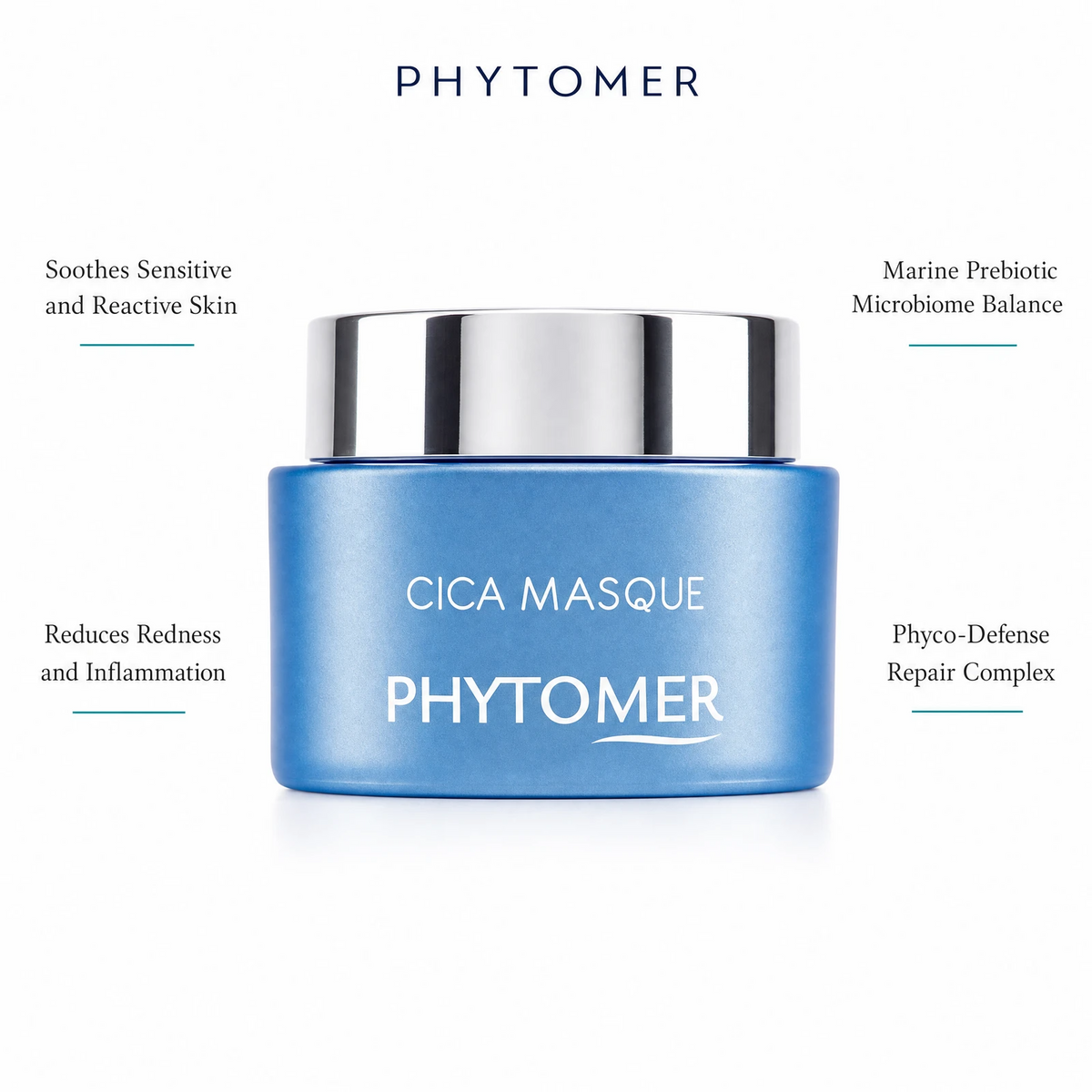 Phytomer Cica Masque Soothing Ultra-Nourishing Mask 50ml with four benefit callouts: Soothes Sensitive and Reactive Skin, Reduces Redness and Inflammation, Marine Prebiotic Microbiome Balance, Phyco-Defense Repair Complex