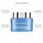 Phytomer Cica Masque Soothing Ultra-Nourishing Mask 50ml with four benefit callouts: Soothes Sensitive and Reactive Skin, Reduces Redness and Inflammation, Marine Prebiotic Microbiome Balance, Phyco-Defense Repair Complex