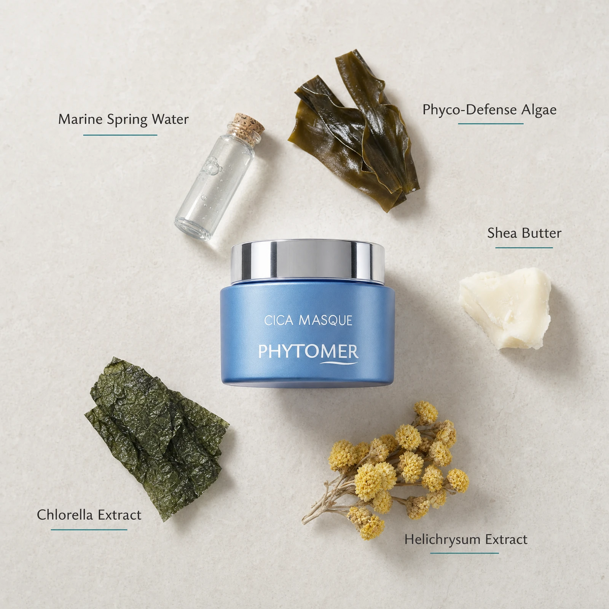 Phytomer Cica Masque Soothing Ultra-Nourishing Mask 50ml flatlay on limestone surface with Marine Spring Water, Phyco-Defense Algae, Shea Butter, Chlorella Extract, and Helichrysum Extract