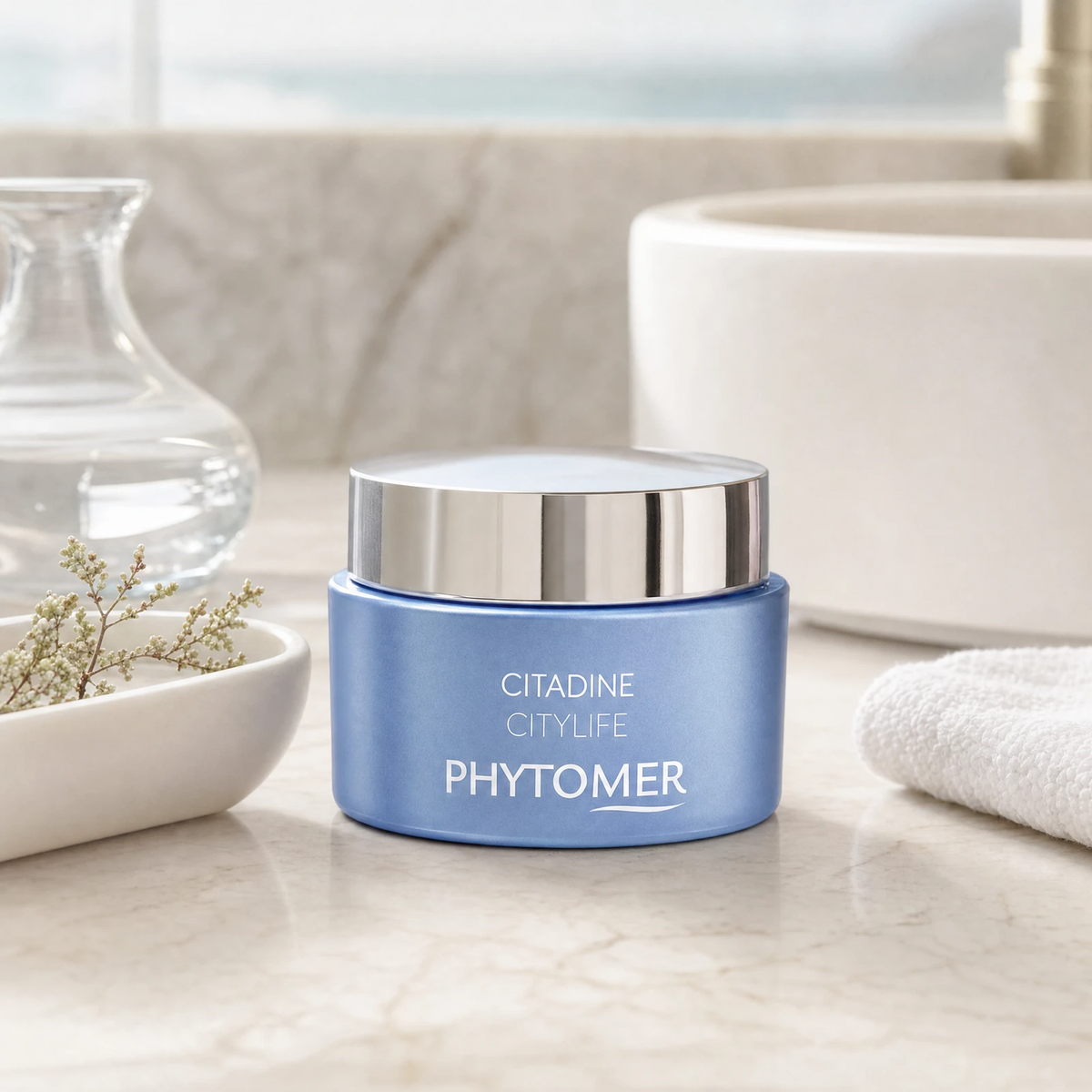 Phytomer Citadine Citylife Face and Eye Contour Sorbet Cream 50ml flatlay on limestone surface with CITYSAFE Marine Sugars, Blue Algae, Red Algae, OLIGOMER Seawater, and Natural Oils