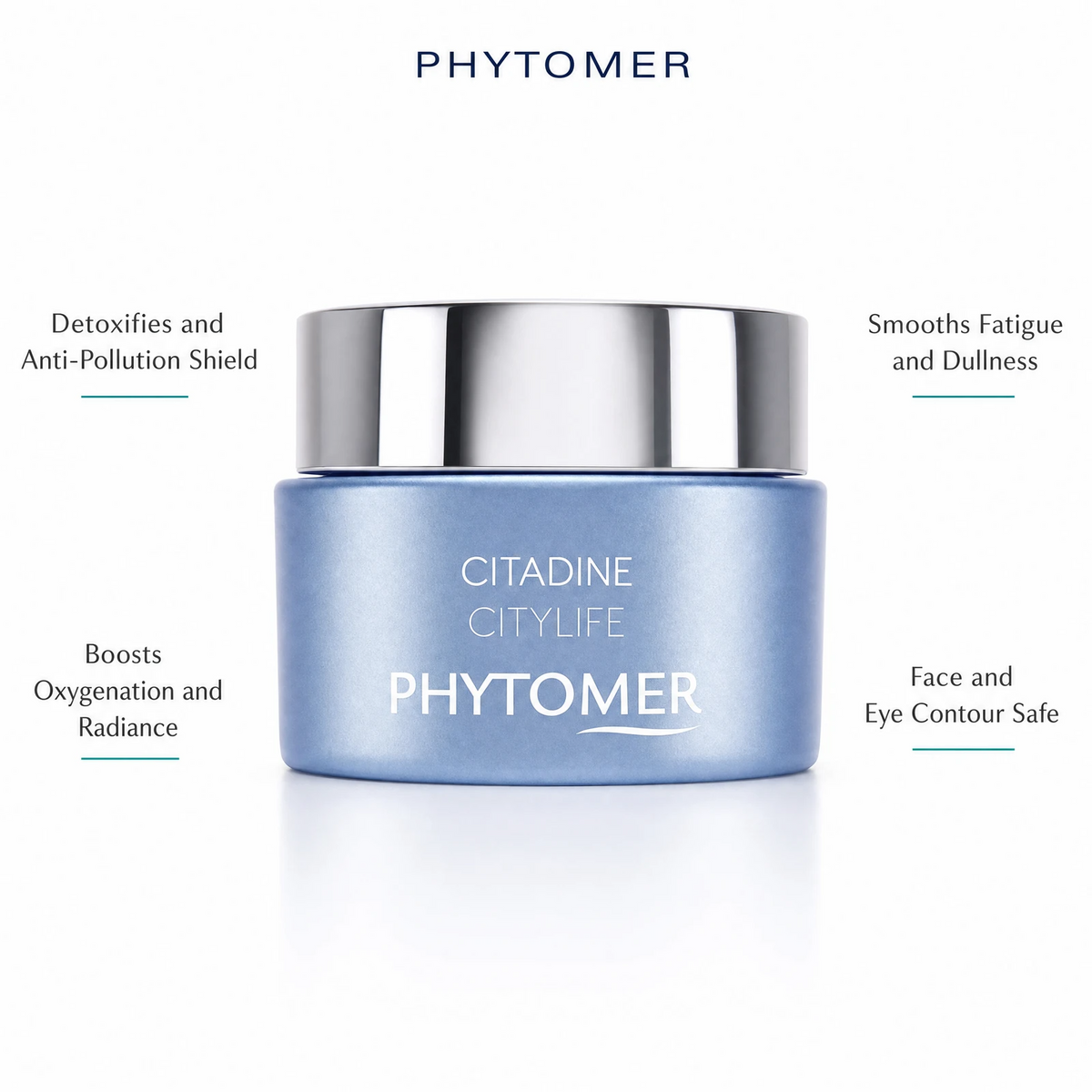 Phytomer Citadine Citylife Face and Eye Contour Sorbet Cream 50ml flatlay on limestone surface with CITYSAFE Marine Sugars, Blue Algae, Red Algae, OLIGOMER Seawater, and Natural Oils