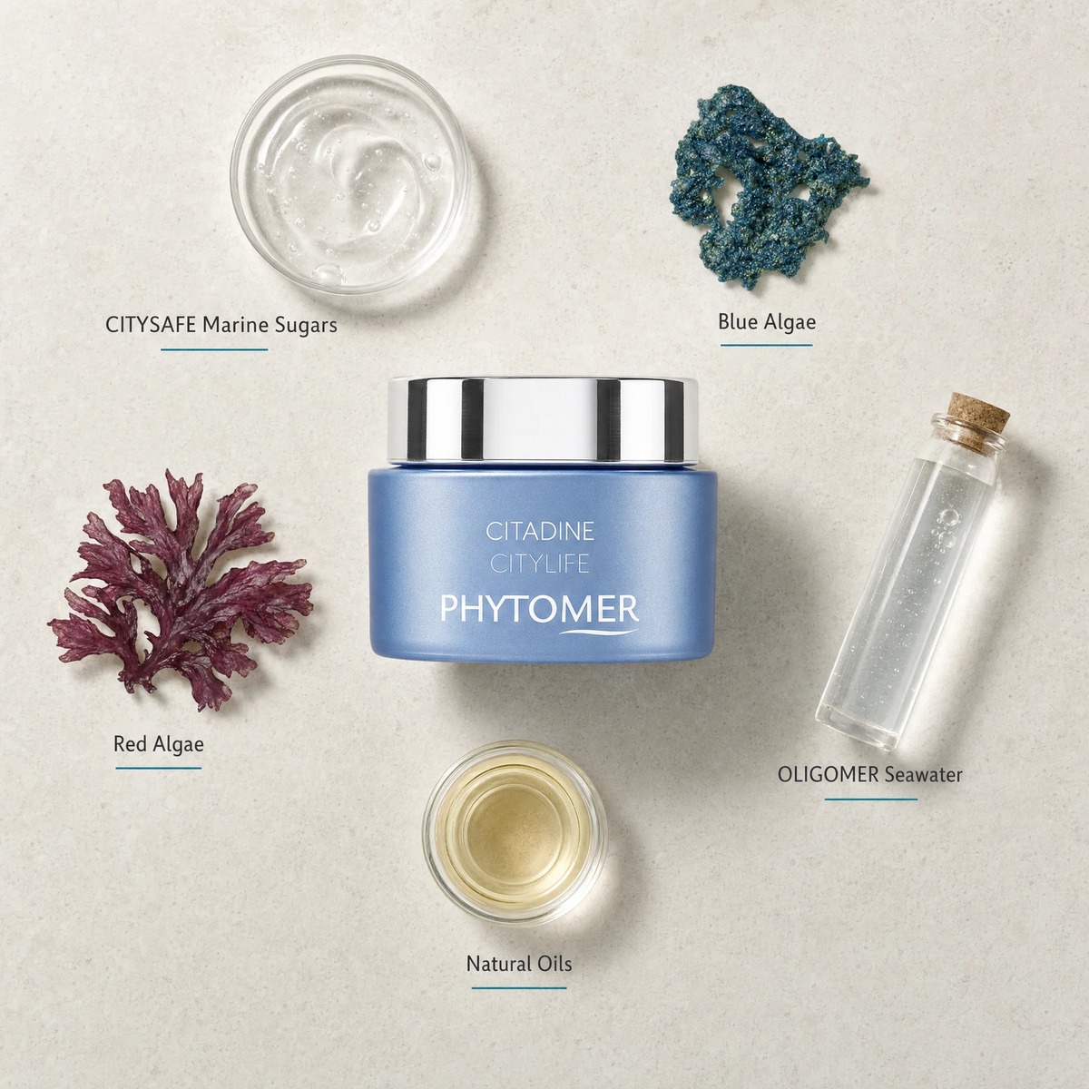 Phytomer Citadine Citylife Face and Eye Contour Sorbet Cream 50ml flatlay on limestone surface with CITYSAFE Marine Sugars, Blue Algae, Red Algae, OLIGOMER Seawater, and Natural Oils