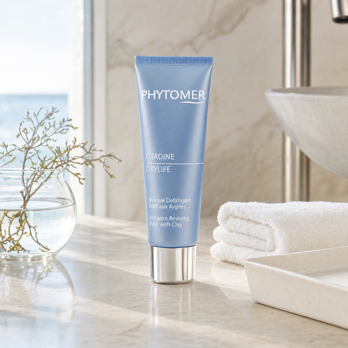 Phytomer Citadine Citylife Radiance Reviving Mask with Clay 50ml on a marble bathroom counter with coastal botanical in glass vase, chrome tap, white ceramic tray and white towels, premium at-home skincare setting