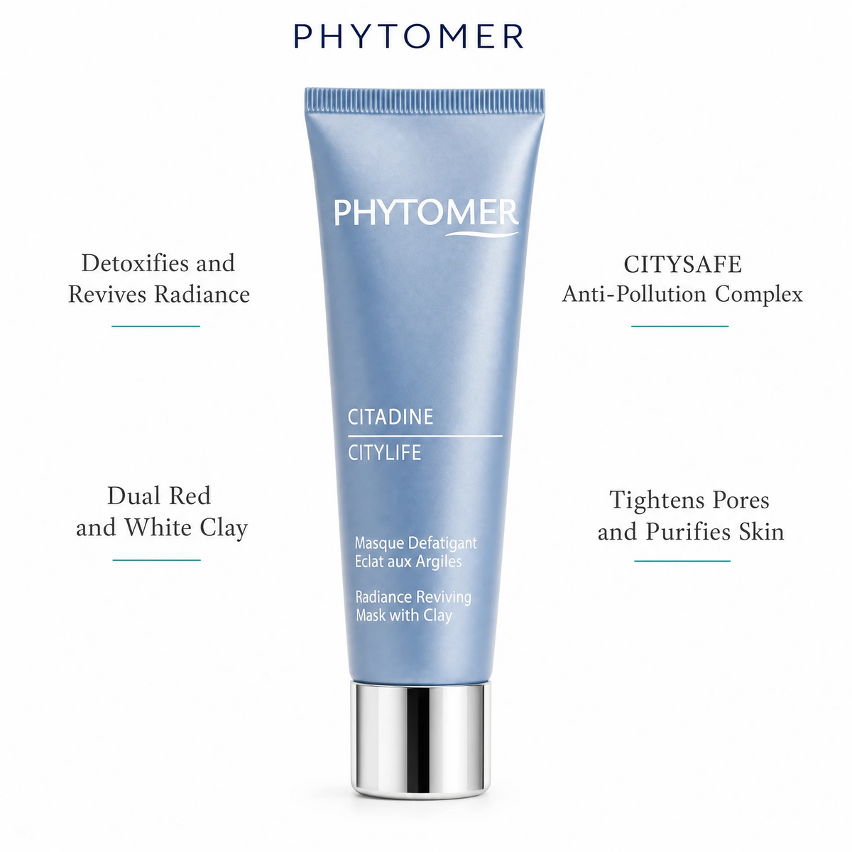 Phytomer Citadine Citylife Radiance Reviving Mask with Clay 50ml with four benefit callouts: Detoxifies and Revives Radiance, Dual Red and White Clay, CITYSAFE Anti-Pollution Complex, Tightens Pores and Purifies Skin