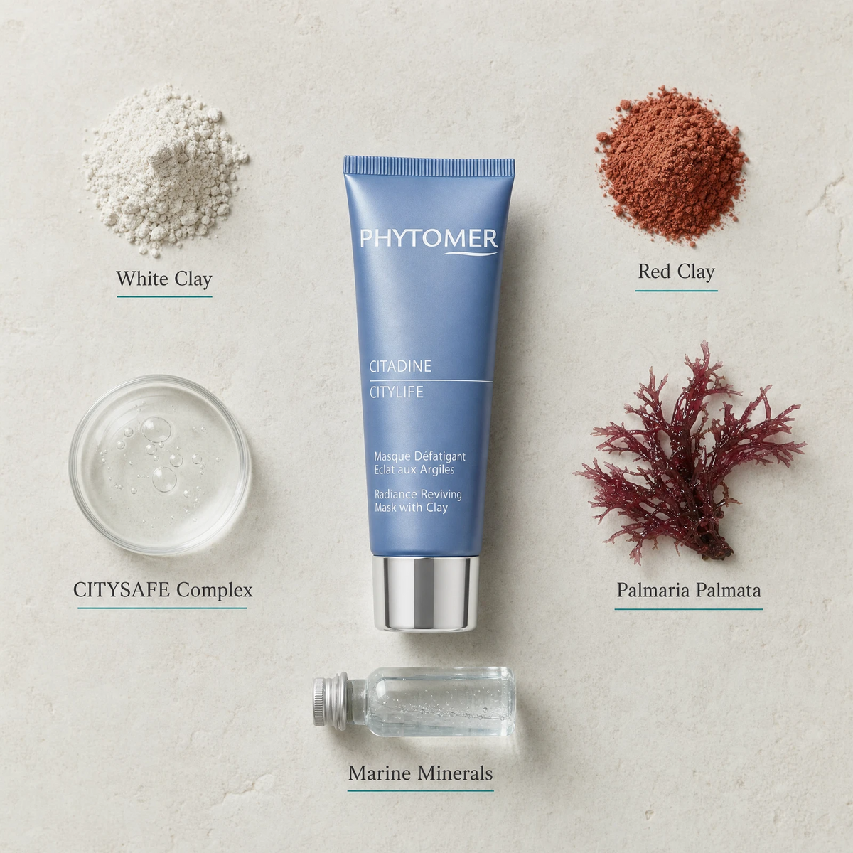 Phytomer Citadine Citylife Radiance Reviving Mask with Clay 50ml flatlay on limestone surface with White Clay, Red Clay, CITYSAFE Complex, Palmaria Palmata, and Marine Minerals