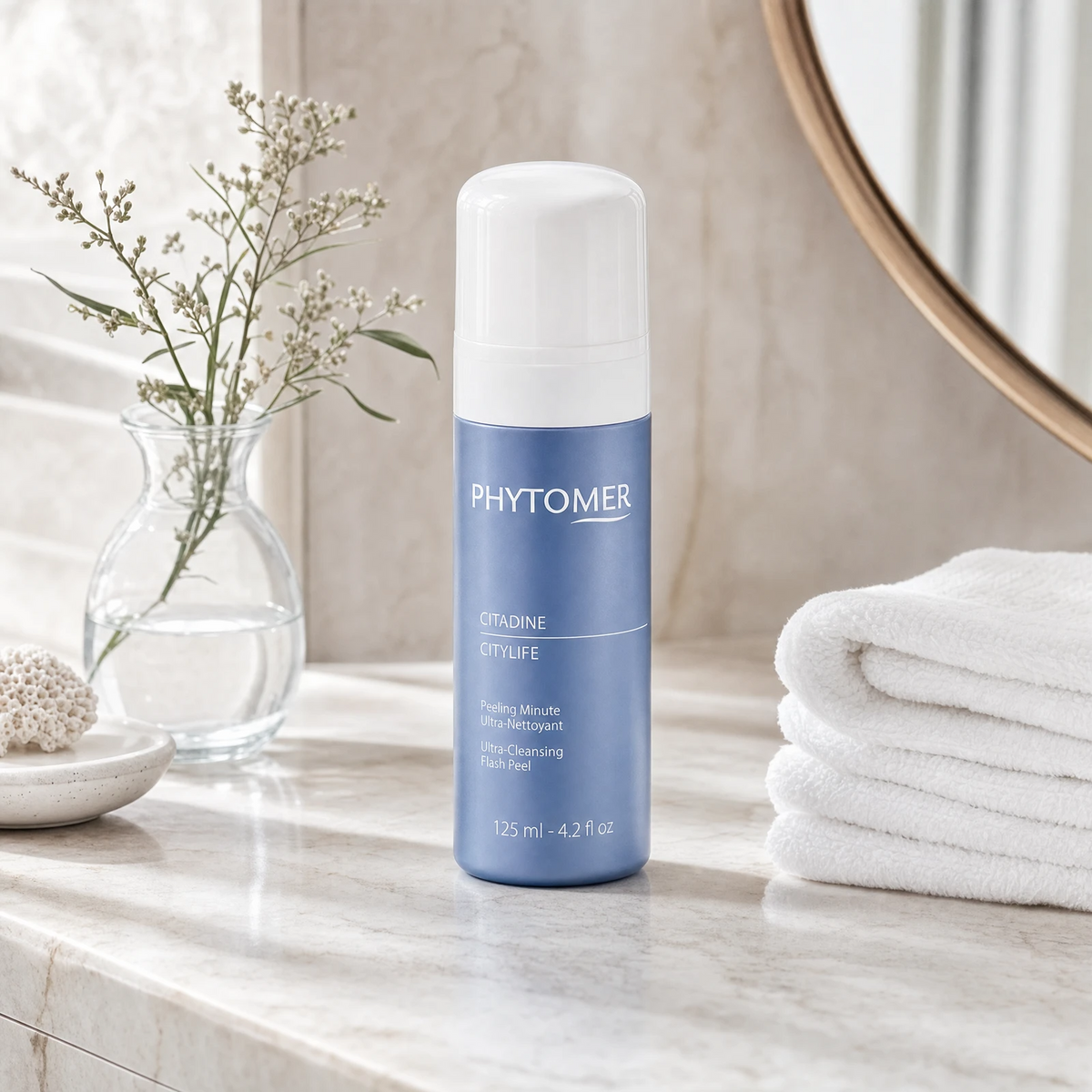 Phytomer Citylife Ultra-Cleansing Flash Peel 125ml on a marble bathroom vanity with glass vessel, white botanicals, ceramic dish and white towels, premium at-home skincare setting