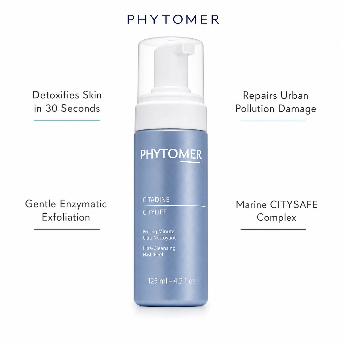 Phytomer Citylife Ultra-Cleansing Flash Peel 125ml with four benefit callouts: Detoxifies Skin in 30 Seconds, Gentle Enzymatic Exfoliation, Repairs Urban Pollution Damage, Marine CITYSAFE Complex
