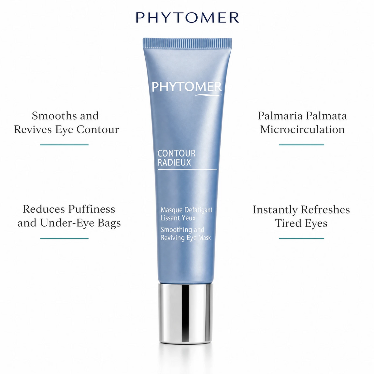 Phytomer Contour Radieux Smoothing and Reviving Eye Mask 30ml with four benefit callouts: Smooths and Revives Eye Contour, Reduces Puffiness and Under-Eye Bags, Palmaria Palmata Microcirculation, Instantly Refreshes Tired Eyes