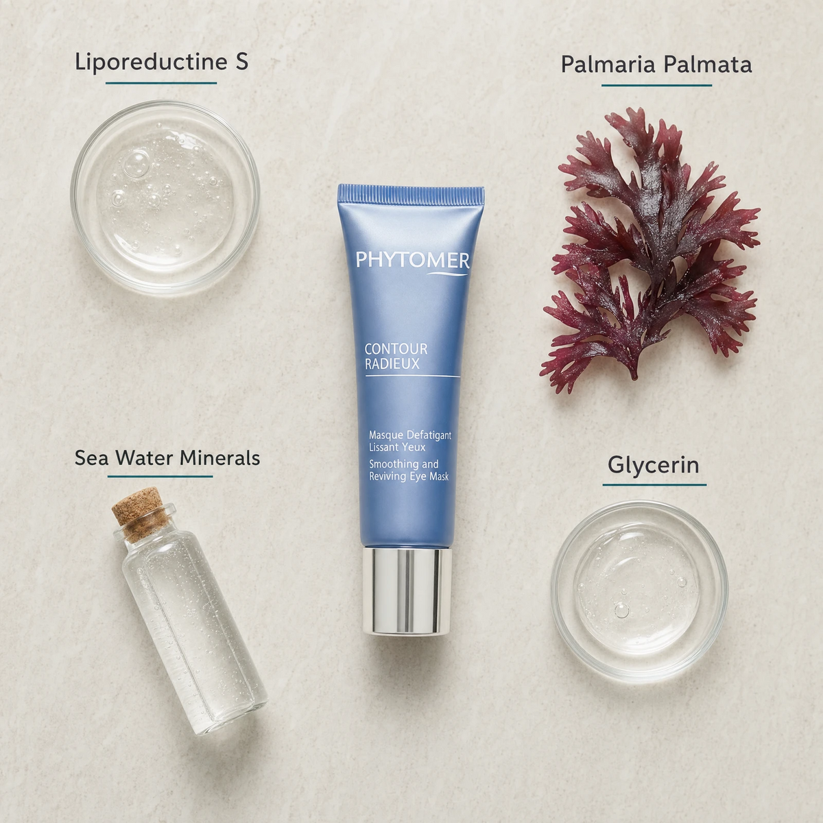 Phytomer Contour Radieux Smoothing and Reviving Eye Mask 30ml flatlay on limestone surface with Liporeductine S, Palmaria Palmata, Sea Water Minerals, and Glycerin