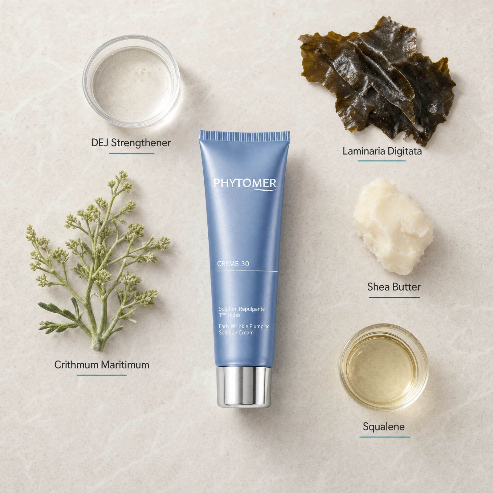 Phytomer Crème 30 Early Wrinkle Plumping Solution Cream 50ml flatlay on limestone surface with DEJ Strengthener, Laminaria Digitata, Crithmum Maritimum, Shea Butter, and Squalene