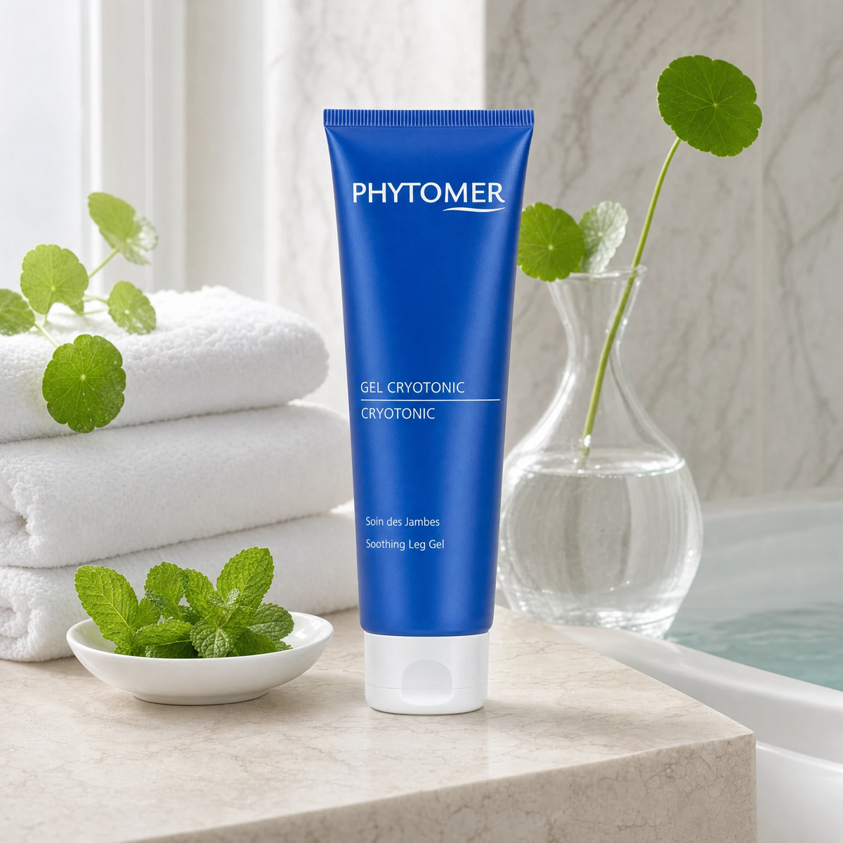 Phytomer Cryotonic Soothing Leg Gel 150ml on a marble bath surround with fresh mint in ceramic dish, Centella Asiatica in glass vase and white towels, premium at-home body care setting