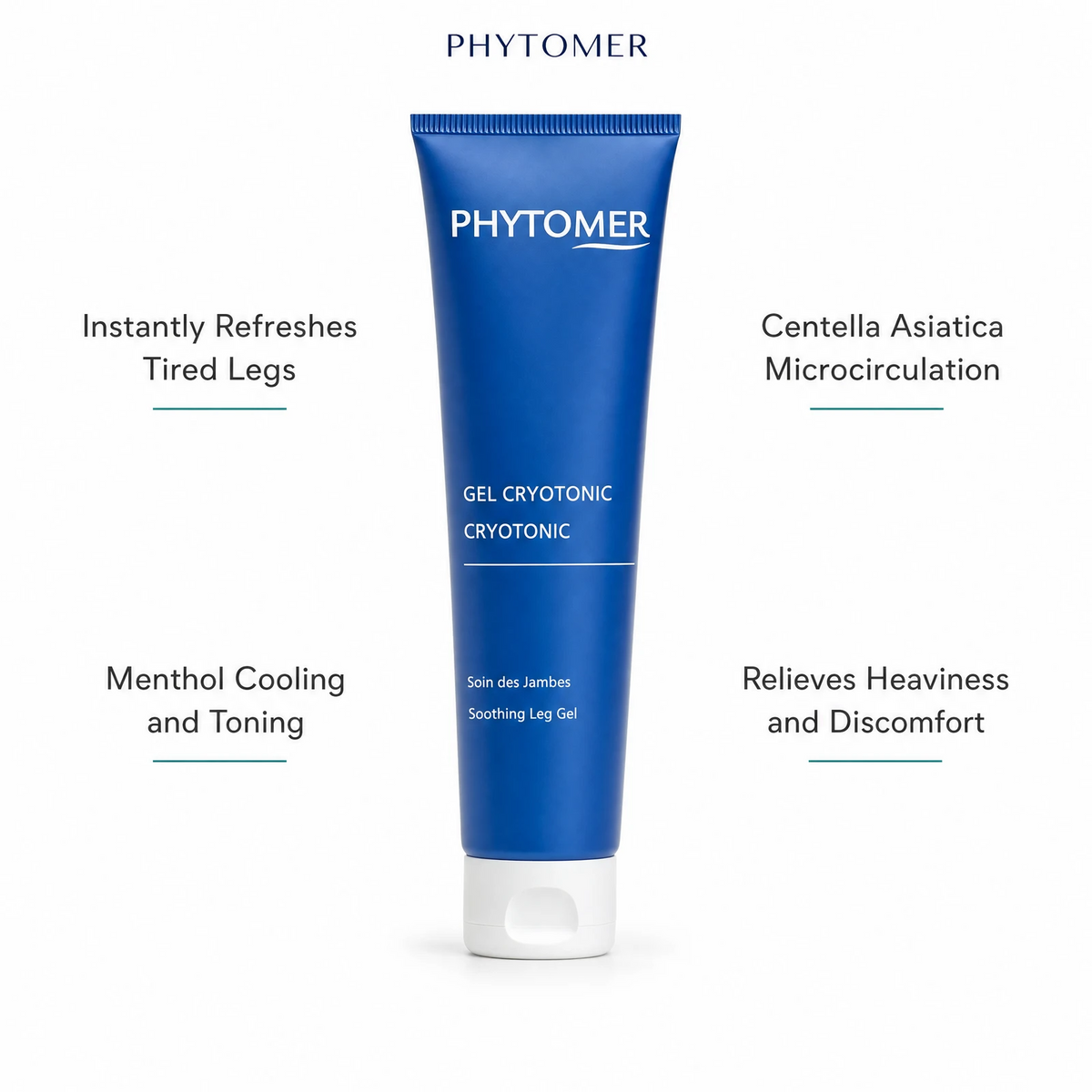 Phytomer Cryotonic Soothing Leg Gel 150ml with four benefit callouts: Instantly Refreshes Tired Legs, Menthol Cooling and Toning, Centella Asiatica Microcirculation, Relieves Heaviness and Discomfort
