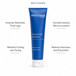 Phytomer Cryotonic Soothing Leg Gel 150ml with four benefit callouts: Instantly Refreshes Tired Legs, Menthol Cooling and Toning, Centella Asiatica Microcirculation, Relieves Heaviness and Discomfort