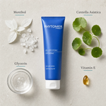 Phytomer Cryotonic Soothing Leg Gel 150ml flatlay on limestone surface with Menthol, Centella Asiatica, Glycerin, and Vitamin E