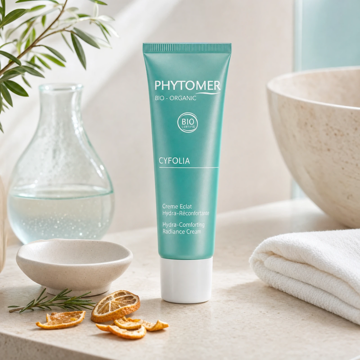 Phytomer Cyfolia Organic Hydra-Comforting Radiance Cream 50ml on a stone bathroom counter with dried citrus, rosemary, glass vessel and white bowl, premium at-home organic skincare setting