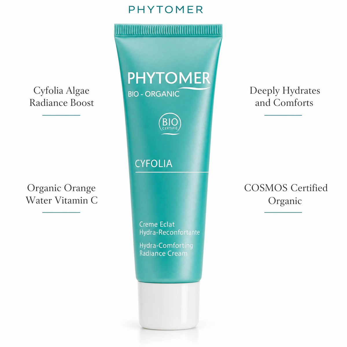 Phytomer Cyfolia Organic Hydra-Comforting Radiance Cream 50ml on a stone bathroom counter with dried citrus, rosemary, glass vessel and white bowl, premium at-home organic skincare setting
