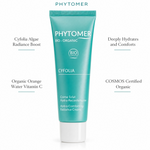 Phytomer Cyfolia Organic Hydra-Comforting Radiance Cream 50ml on a stone bathroom counter with dried citrus, rosemary, glass vessel and white bowl, premium at-home organic skincare setting