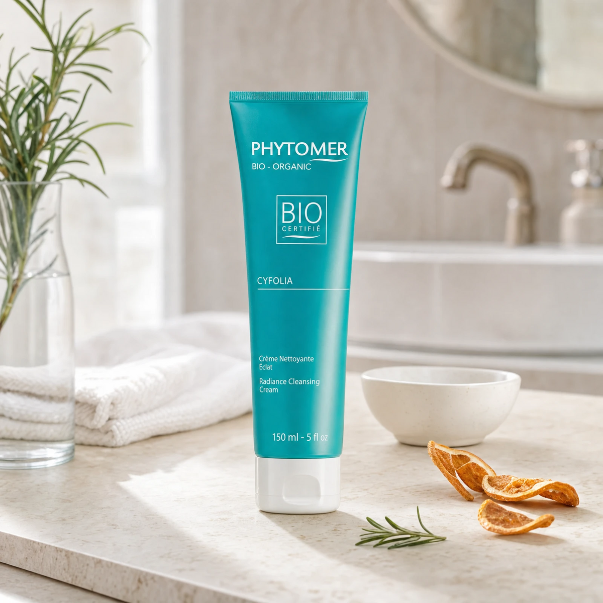 Phytomer Cyfolia Organic Radiance Cleansing Cream 150ml on a marble bathroom counter with rosemary, dried orange peel, botanical in glass vase, round mirror and white towels, premium at-home organic skincare setting
