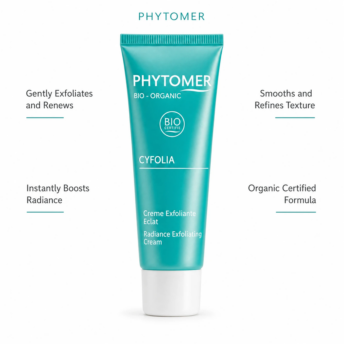 Phytomer Cyfolia Organic Radiance Exfoliating Cream 50ml with four benefit callouts: Gently Exfoliates and Renews, Instantly Boosts Radiance, Smooths and Refines Texture, Organic Certified Formula