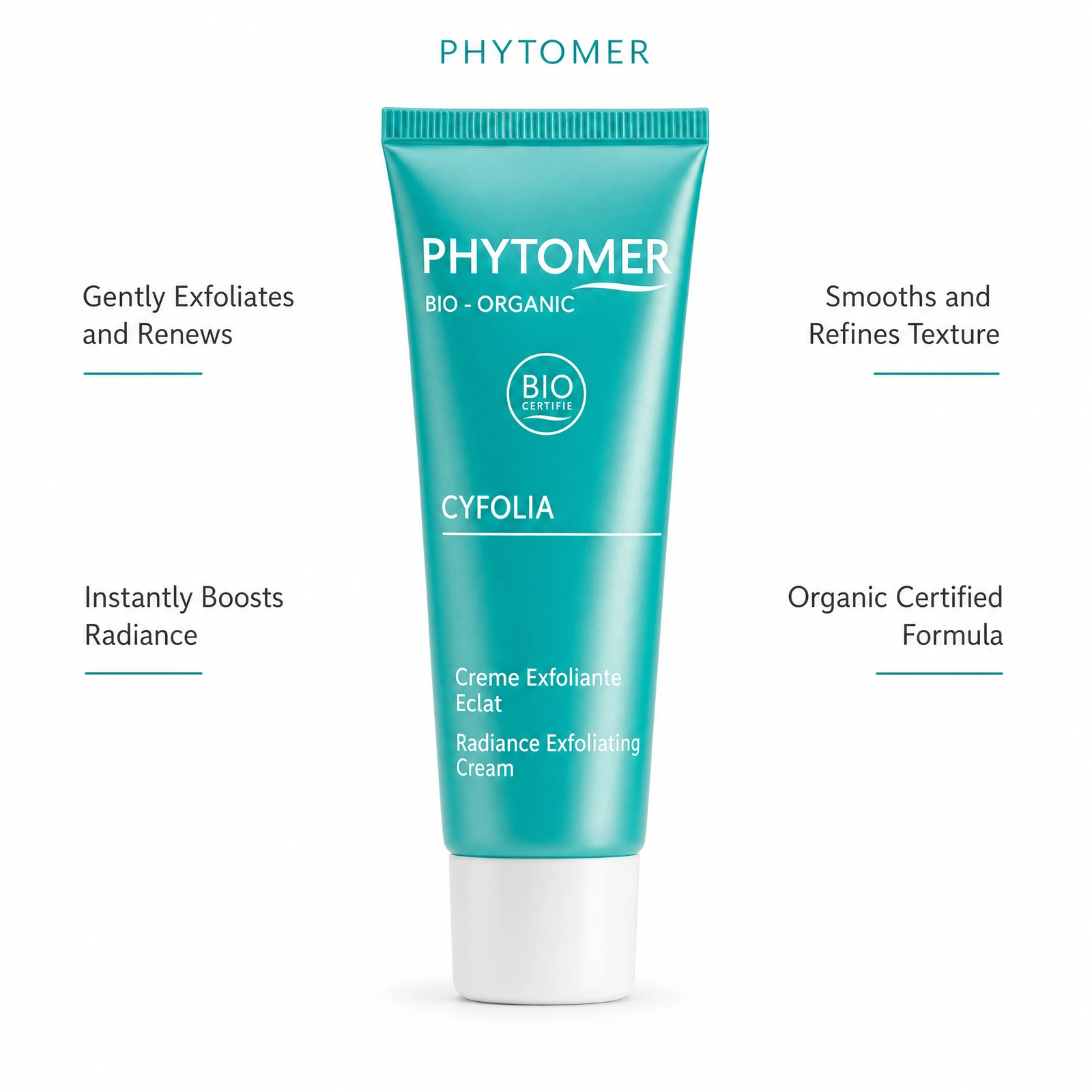 Phytomer Cyfolia Organic Radiance Exfoliating Cream 50ml with four benefit callouts: Gently Exfoliates and Renews, Instantly Boosts Radiance, Smooths and Refines Texture, Organic Certified Formula