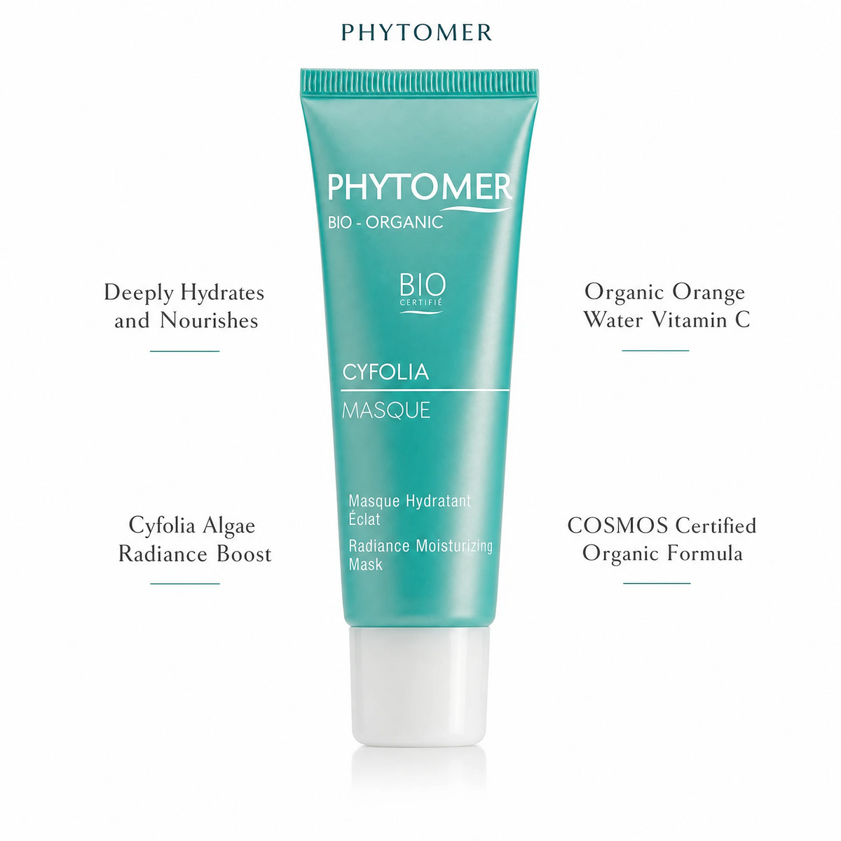 Phytomer Cyfolia Organic Radiance Moisturising Mask 50ml with four benefit callouts: Deeply Hydrates and Nourishes, Cyfolia Algae Radiance Boost, Organic Orange Water Vitamin C, COSMOS Certified Organic Formula