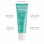Phytomer Cyfolia Organic Radiance Moisturising Mask 50ml with four benefit callouts: Deeply Hydrates and Nourishes, Cyfolia Algae Radiance Boost, Organic Orange Water Vitamin C, COSMOS Certified Organic Formula