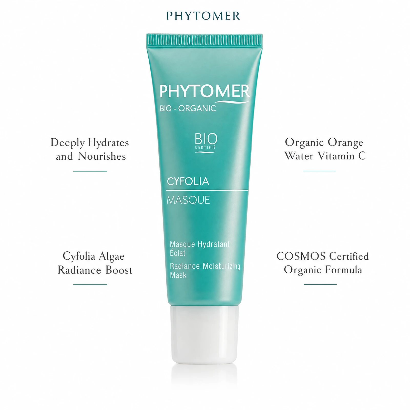 Phytomer Cyfolia Organic Radiance Moisturising Mask 50ml with four benefit callouts: Deeply Hydrates and Nourishes, Cyfolia Algae Radiance Boost, Organic Orange Water Vitamin C, COSMOS Certified Organic Formula