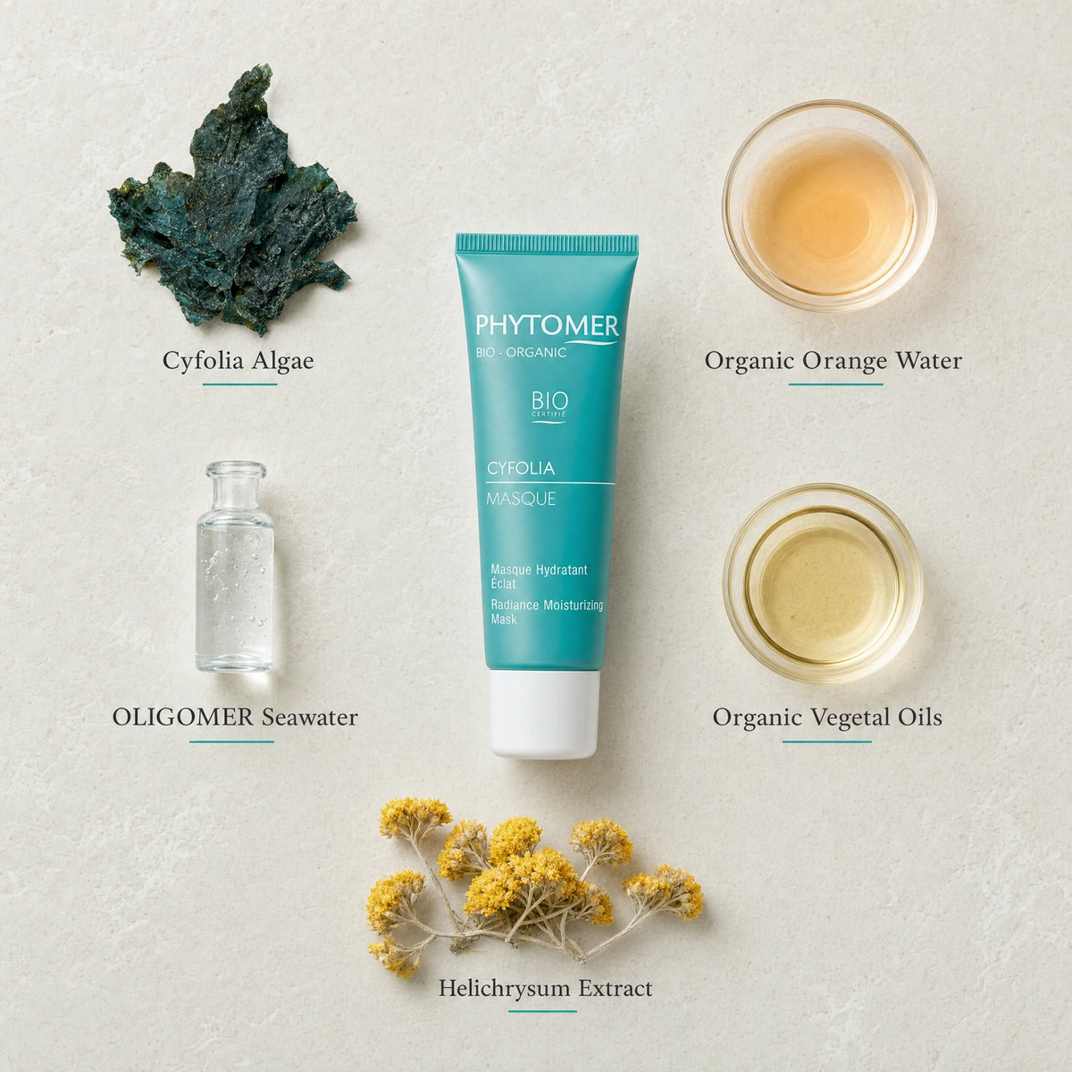 Phytomer Cyfolia Organic Radiance Moisturising Mask 50ml flatlay on limestone surface with Cyfolia Algae, Organic Orange Water, OLIGOMER Seawater, Organic Vegetal Oils, and Helichrysum Extract