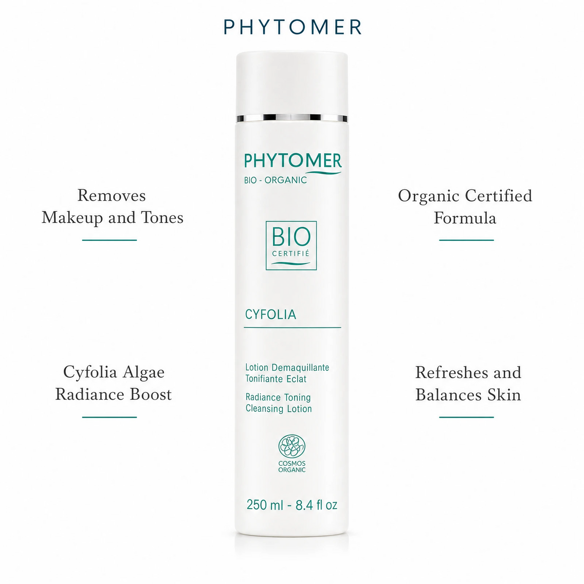 Phytomer Cyfolia Organic Radiance Toning Cleansing Lotion 250ml with four benefit callouts: Removes Makeup and Tones, Cyfolia Algae Radiance Boost, Organic Certified Formula, Refreshes and Balances Skin